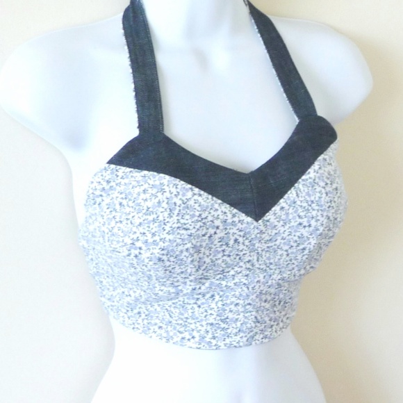 Bralette Halter Top Reversible Denim Floral Sz Medium - Picture 4 of 4